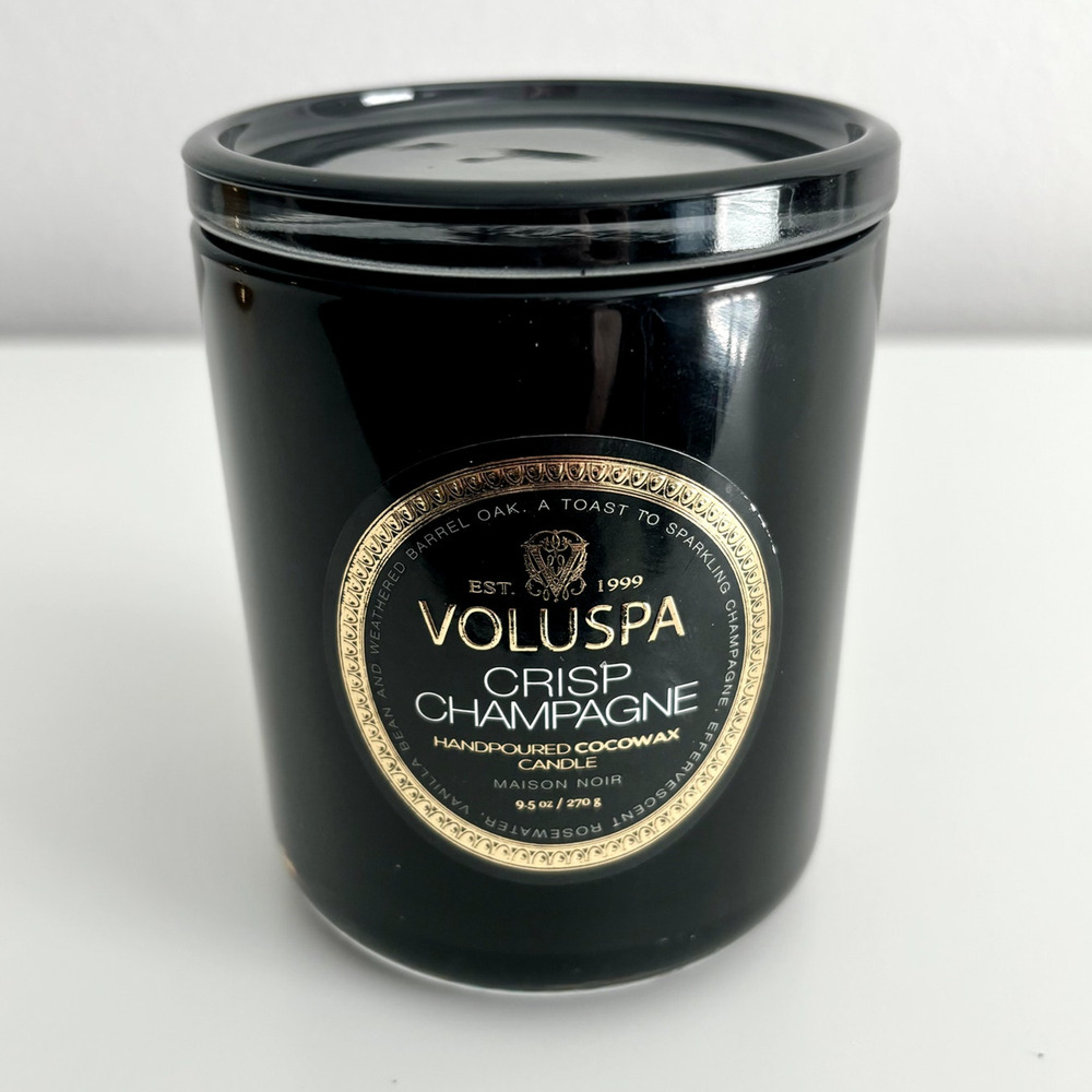 Used Voluspa Crisp Champagne Classic Candle w/ Lid Black Glass Cocowax 9.5oz